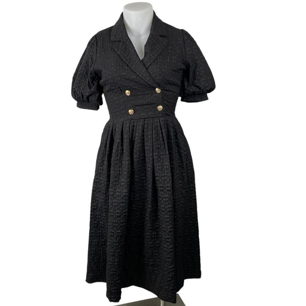 Freemarket Women's Black Woven Puff Sleeve Buttons Midi Flare A-Line Dress Sz M